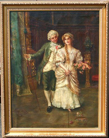 JENNETT MILLER BAKER GENRE PAINTING: BAKER, Jennett Miller, (American, 1877-?): An Amorous Couple, O/C, 32" x 24", signed LR, later frame, 37" x 29", painted in May, 1902 verso. This painting appears in a photograph circa 1920 of a parlo