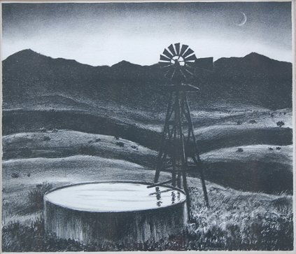 PETER HURD LITHOGRAPH ''WATERTANK'': HURD, Peter, (American, 1904-1984): "Watertank", Lithograph, 11" x 14 1/2", on Arches paper, Kulicke chrome frame, 16" x 19".