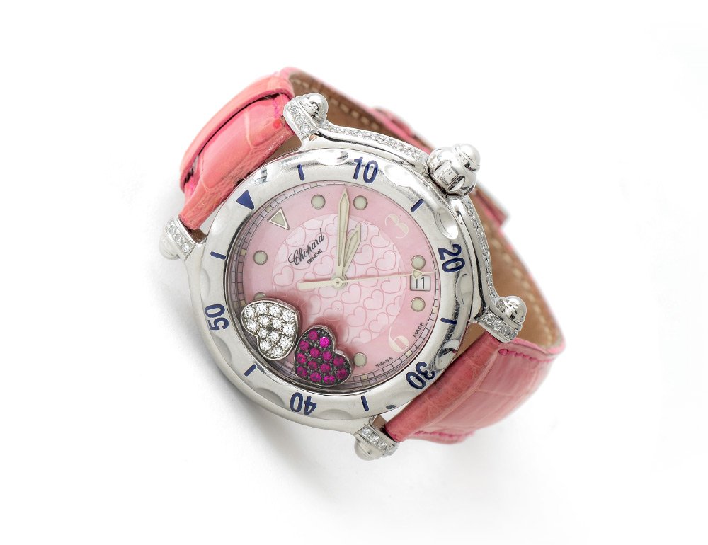 LADIES SS & DIAMOND CHOPARD HAPPY SPORT WATCH: LADIES STAINLESS STEEL & DIAMOND CHOPARD HAPPY SPORT WATCH: This Sweet and Fun Stainless Steel (SS) Watch has been custom fit with diamonds totaling more than 1.50Ct. The pink Mother of Pearl dial has