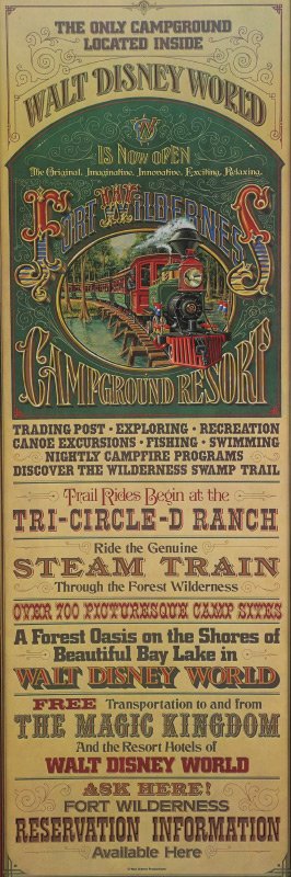 WALT DISNEY WORLD FORT WILDERNESS ADVERTING POSTER: WALT DISNEY WORLD FORT WILDERNESS ADVERTING POSTER: Offset lithograph poster for the Fort Wilderness campground, advertising the steam train ride which stopped running in 1977. Marked on bottom Walt D