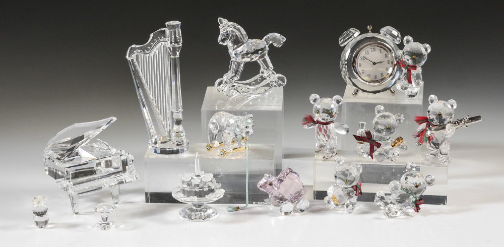 SWAROVSKI CRYSTAL ESTATE COLLECTION 13 items total: SWAROVSKI CRYSTAL ESTATE COLLECTION: 13 items total to include, 6 KRIS BEAR figures including the clock, (4 with boxes, 1 bad foam, 2 certs.) HARP (good foam & box); GRAND PIANO & STOOL (good foam, bo