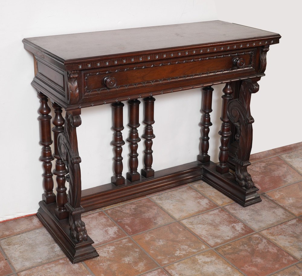 CENTURY FURNITURE GOTHIC CARVED BUFFET: CENTURY FURNITURE CARVED BUFFET: Gothic revival style adorable side bar with single full length drawer, carved foliate scroll and paw feet supports to front and spool turned supports to sides and back