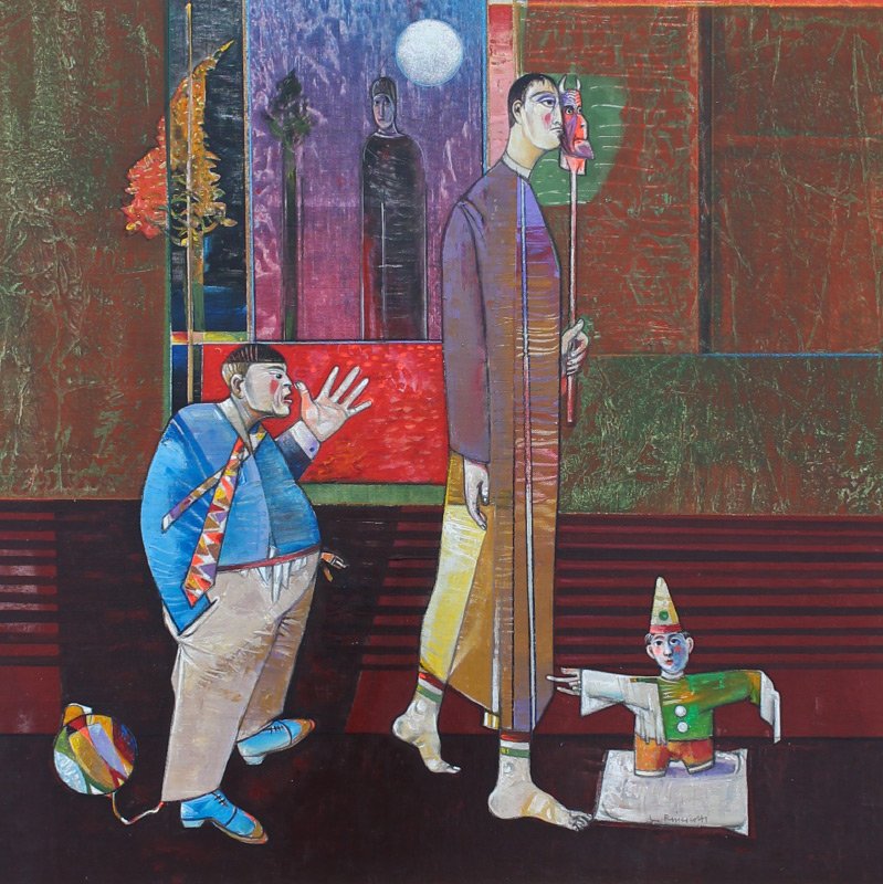 LUIGI RINCICOTTI PAINTING LA STANZA DEI GIOCHI: RINCICOTTI, Luigi, (Italian, 1941-): "La Stanza Dei Giochi", Oil/Canvas on board, 23.75" x 23.75", signed lower right, label affixed verso, custom framing, 34" x 34". Former Collection of Medici Galle