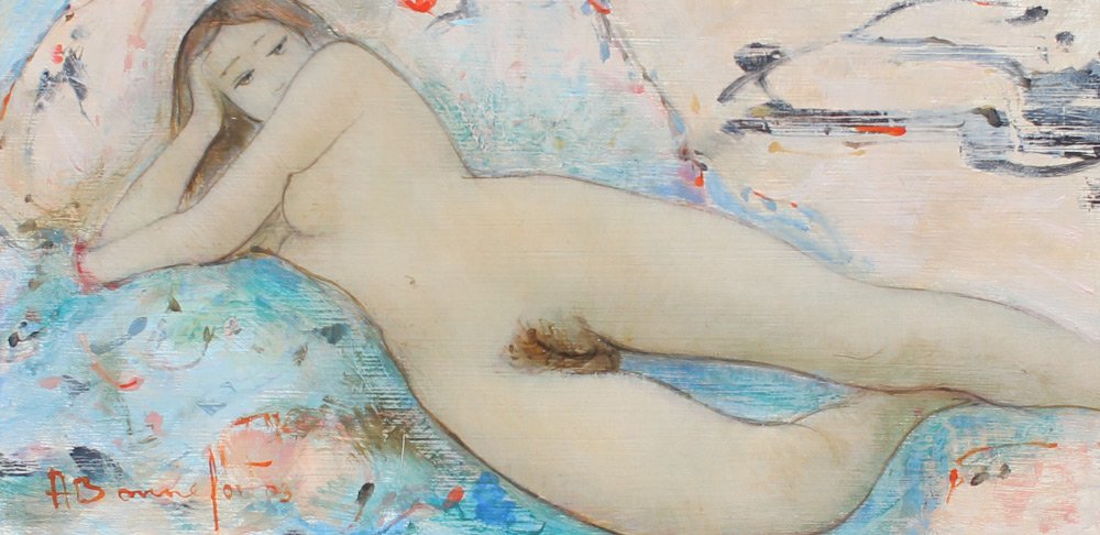 ALAIN BONNEFOIT NUDE PAINTING: BONNEFOIT, Alain, (French, 1937-): Reclining Nude, Oil/Board, 9" x 18.5", signed lower left, titled verso, custom frame 19.5" x 29". Former Collection of Medici Gallery Sarasota Florida. Bonnefoit ent