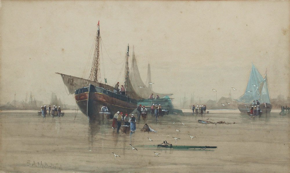 S.A. MULHOLLAND FISHING FLEET LOW TIDE PAINTING: MULHOLLAND, Samuel A., English, (19th/20th Century): Dutch Fishing Fleet at Low Tide, Watercolor, sight size 13.5" x 23", signed lower left, framed, 22.5" x 32".