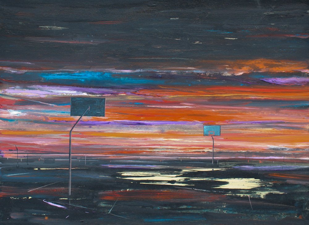 ALESSANDRO BUSCI SURREAL PAINTING: BUSCI, Alessandro, (Italian, 1971-): "Campo Della Canestro", Surreal Scene with Basketball Court, Illegibly Titled Verso, Oil/Board, 31.5" x 43.5", monogrammed lower right, signed, titled and dated 20