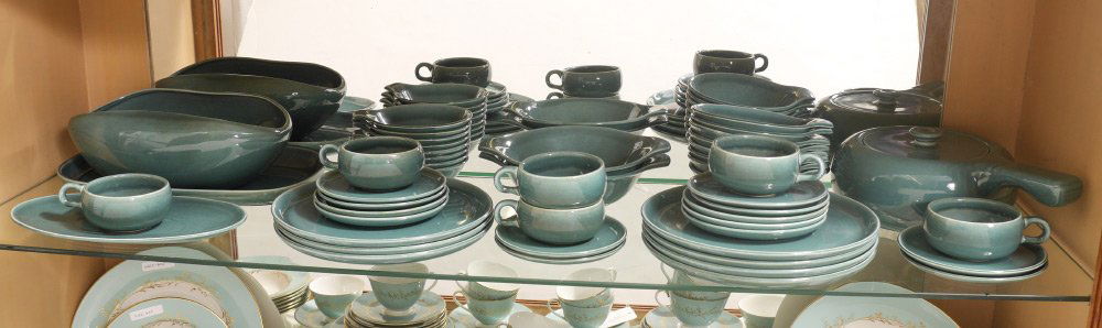 RUSSELL WRIGHT STEUBENVILLE SEAFOAM DINNERWARE: RUSSELL WRIGHT STEUBENVILLE SEAFOAM GREEN DINNERWARE: Approx. 48 pieces in the American Modern pattern, designed by Russell Wright for Steubenville to include 7 dinner plates (10"), 5 bread plates (6"