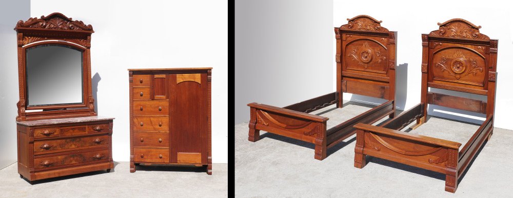 CARVED VICTORIAN BEDROOM SUITE: CARVED VICTORIAN BEDROOM SUITE: 4 pieces total to include 1-2) Pair of twin beds, headboard with carved crest over back with applied and carved decoration, 68 1/2" h. x 46 1/2" x 5 1/2". foot board 19
