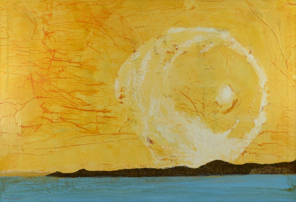 HOLLINGSWORTH #7 SUNSCAPE MIXED MEDIA PAINTING: HOLLINGSWORTH, Alvin C., (American, 1928-2000): Abstract Composition Titled "#7 Sunscape", Collage/ Acrylic/Oil, 24" x 36", signed lower left, label affixed to top back stretcher with title, framed, 2