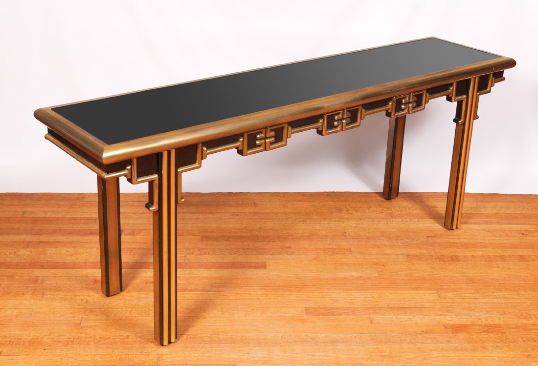 MASTERCRAFT ORIENTAL BLACK LACQUER & BRASS SOFA TABLE: MASTERCRAFT ORIENTAL BLACK LACQUER & BRASS SOFA TABLE: Black lacquer with brass trim and accents in an oriental style. Maker's plaque affixed to side of top. Overall measures 30 1/2" h. x 78" x 19 1/4