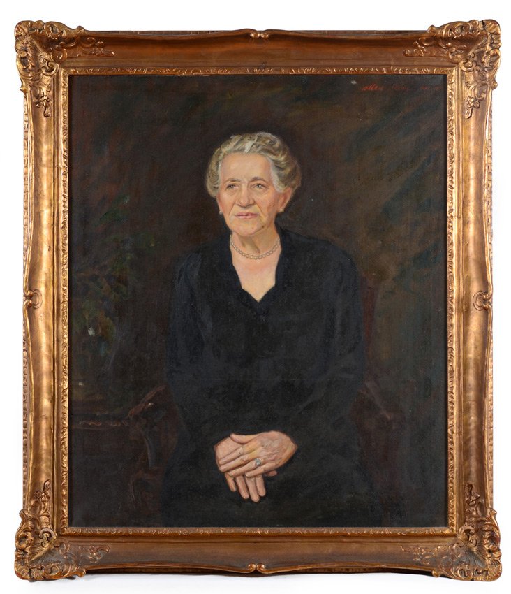 ALLEN STONE PORTRAIT PAINTING IN NEWCOMB-MACKLIN F: STONE, Allen, (American, 1910-): Portrait of a Stately Woman Wearing Pearls, Oil/Canvas, 36'' x 30'', signed upper right and dated 1951, encased in a carved and gilded gesso frame by Newcomb Macklin, 