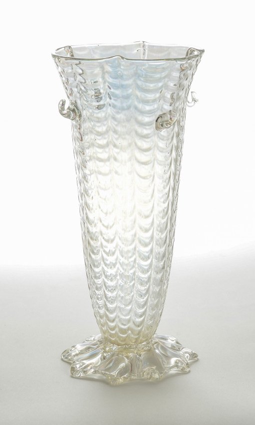 AUSTRIAN RUFFLED ART GLASS VASE: AUSTRIAN RUFFLED ART GLASS VASE: Attributed Loetz, quatrefoil rim, ribbed sides with fish scale design, applied "hooks", shaped base, slight iridescence to clear glass. Unmarked, overall 11 1/2" h. x