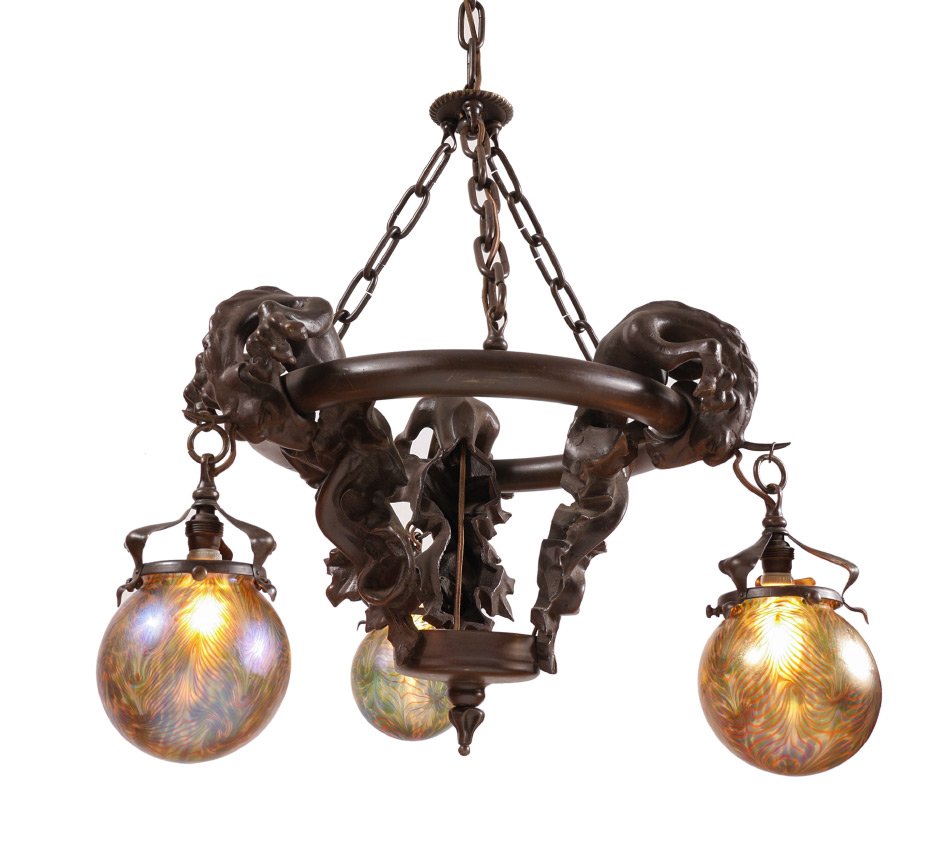 GOTHIC REVIVAL FIGURAL DRAGON HANGING LIGHT: AUSTRIAN GOTHIC REVIVAL FIGURAL DRAGON HANGING LIGHT: Early 20th century Austrian patinated metal with 3 figural dragons over 3 lights with Austrian pulled feather art glass globe shades. Light measur