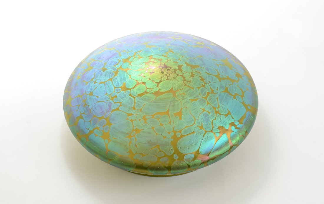 LOETZ CRETE PAPILLON ART GLASS SHADE: LOETZ CRETE PAPILLON ART GLASS SHADE: Domed shade, iridescent Crete Papillon pattern, unmarked, overall measures 4 1/4" h. x 11 1/4" x fitter rim 8 3/4".