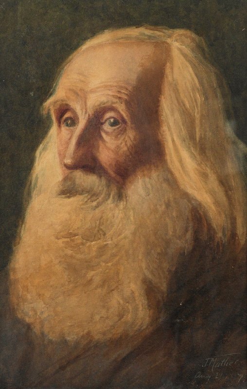J MATHER? WATERCOLOR PORTRAIT PAINTING OF A BEARDED MAN: J MATHER? WATERCOLOR PORTRAIT PAINTING OF A BEARDED MAN: Sight size 7 3/8" x 11 1/2", signed lower right, framed, 25" x 19".