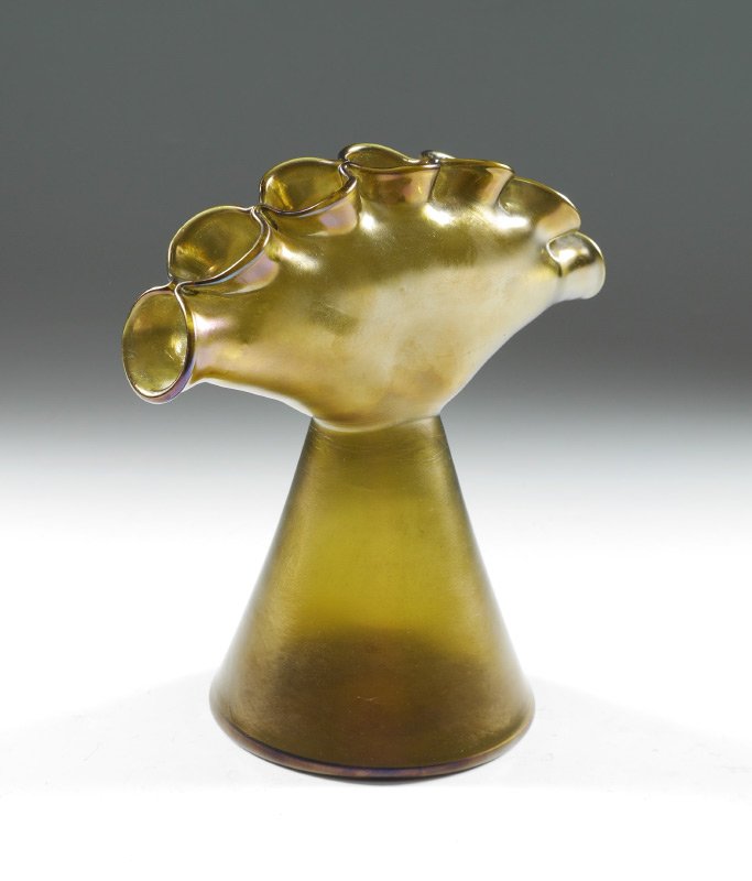 LOETZ IRIDESCENT OLIVE TULPEN TULIP VASE: LOETZ IRIDESCENT OLIVE TULPEN TULIP VASE: Iridescent olive green "Tulpen" tulip form vase, unmarked attribution, 8" h. x 8" x 5".