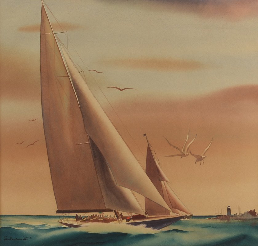 SANDOR BERNATH YACHTING: BERNATH Sandor, (Hungarian, 1892-1984): Yachting Scene off the Coast, Watercolor, sight size 16" x 16.75", signed lower left, framed, 28" x 25". Known for his watercolors of sailings ships.