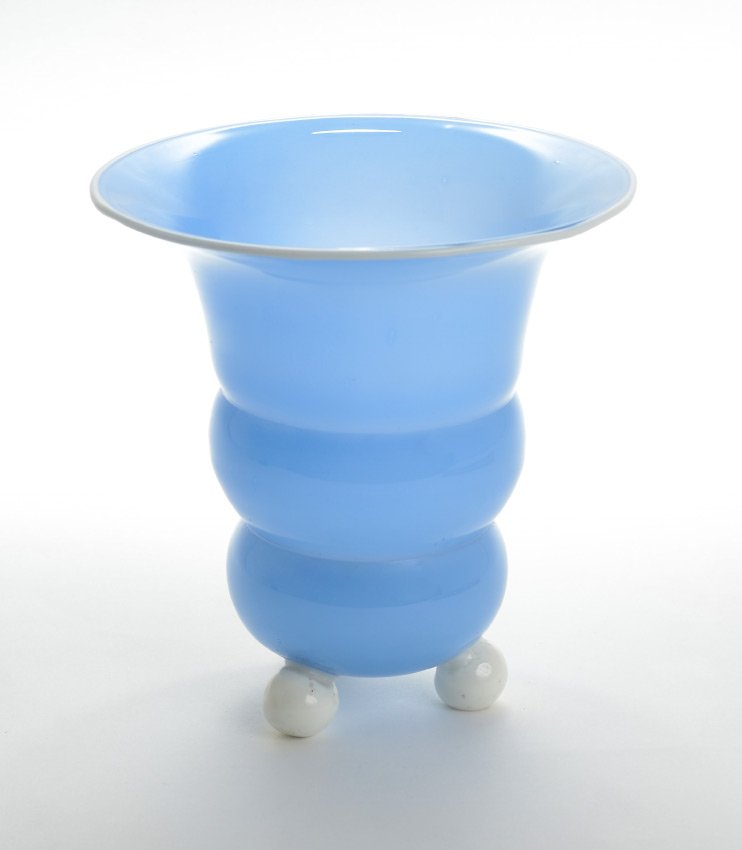LOETZ TANGO ART GLASS VASE: LOETZ TANGO ART GLASS VASE: Ausfuhrung vase, unmarked, light blue body with white rim and feet. 6 1/2" h. x 6 3/8".