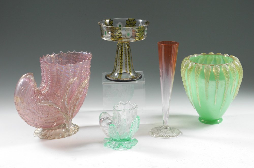 5 PIECE COLLECTION OF BOHEMIAN ART GLASS: 5 PIECE COLLECTION OF BOHEMIAN ART GLASS: Each piece with an issue, to include 1) Large threaded iridescent pink conch shell vase, possible Loetz, 8 1/2" h. x 10" x 6". 2) Small clear and green glass