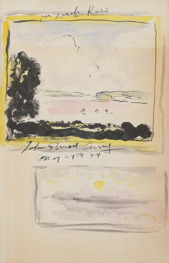 JOHN STEUART CURRY SKETCHES AND BOOK PAGEANT OF AMERICA: CURRY, John Steuart, (American, 1897-1946): Several Landscape Sketches Inside his Book "John Steuart Curry's Pageant of America", 2 drawings on 1 page are dated 1944, signed by Curry and dedicated to