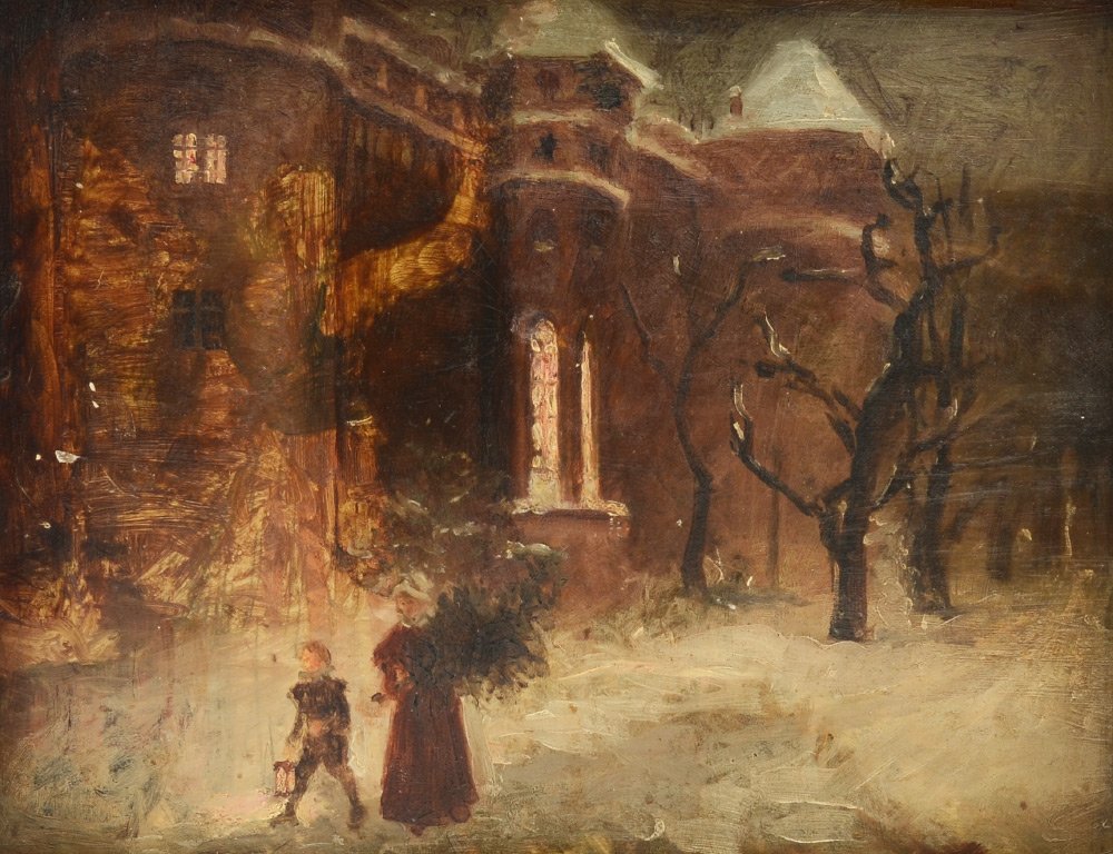 NELLIE MEYER CHRISTMAS EVE IN NYC PAINTING: NELLIE MEYER CHRISTMAS EVE IN NYC PAINTING: 2 Figures Carrying a Christmas Tree, Oil/Wood, 7.75" x 10", label affixed verso, encased in Adirondack style carved wood frame, 11" x 13".