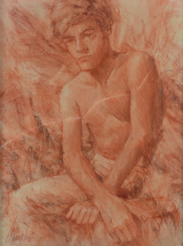 SAWICKI PORTRAIT MIXED MEDIA OF A YOUNG MAN: SAWICKI, William, (American, 1945-2001): Portrait of Bare-chested, Seated Young Man, Mixed Media, sight size 23" x 17.25", signed lower left, custom frame, 28" x 22". Sawicki made his presence known a