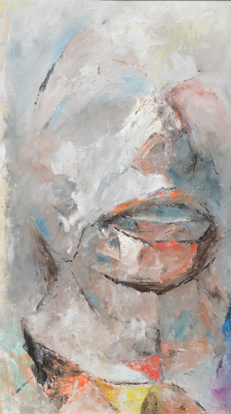 LARGE KEN NISHI CLOWN PAINTING: NISHI, Ken, (American, 1916-2001): "Laugh, Clown" (Agony of a Clown), Oil/Canvas, 48" x 28", signed lower right and dated 1990, silver gilded frame, 57.5" x 37". Nishi attended Chouinard Art Institute