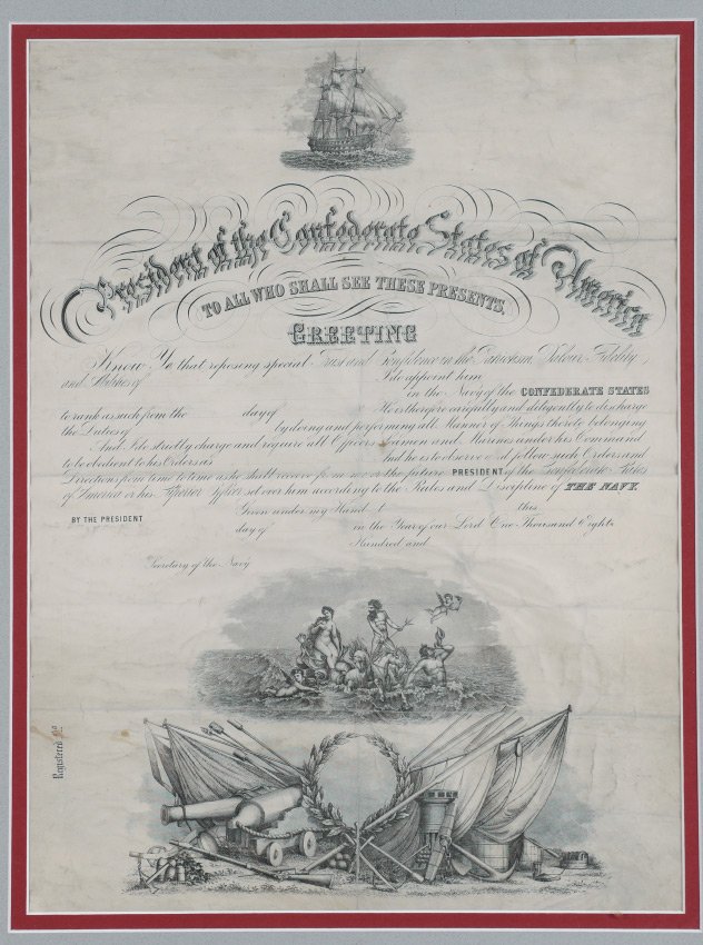CIVIL WAR CONFEDERATE NAVAL COMMISSION: CIVIL WAR CONFEDERATE NAVAL COMMISSION: Blank commission issued by the President of The Confederate States of America with scenes of boats, Neptune and Venus, and stand of arms. Sight size 19 1/2" x 1