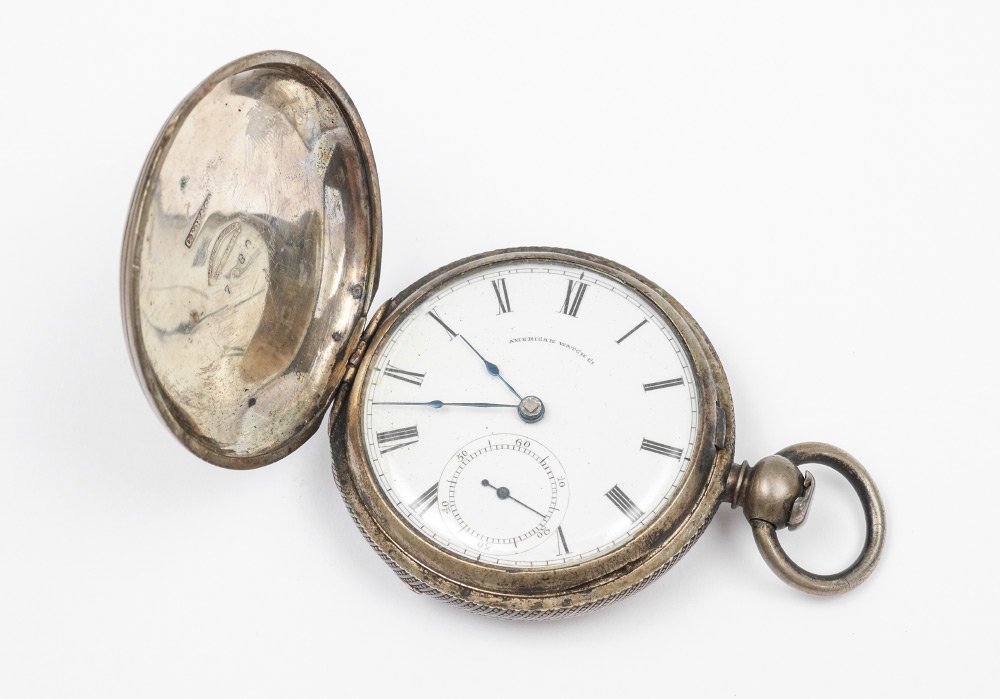 AMERICAN WATCH CO. COIN SILVER POCKET WATCH: AMERICAN WATCH CO. COIN SILVER KEY WIND POCKET WATCH: Mid 19th century William Ellery 18s key wind movement, serial number 209163, American Watch Co. porcelain dial. Coin silver hunters case with engr