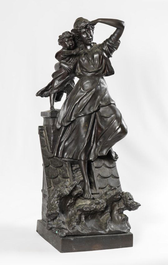 AFTER HIPPOLYTE MOREAU WIDOW'S WALK BRONZE: AFTER HIPPOLYTE MOREAU WIDOW'S WALK BRONZE: Figure of a woman and child on a roof with crashing surf below, signed H. P. Moreau on back, overall measures 29 1/4" h. x 13" x 10 1/2".
