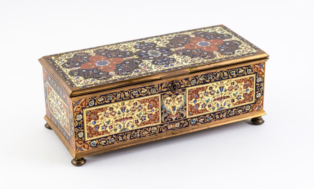 FRENCH MAISON BOISSIER CHAMPLEVÉ BRONZE BOX: FRENCH MAISON BOISSIER CHAMPLEVÉ BRONZE CHOCOLATE BOX: Bronze box with enameled floral champlevé decoration, tufted silk lined interior, marked at lock ''Mson Boissior''. Known for their exquisite c