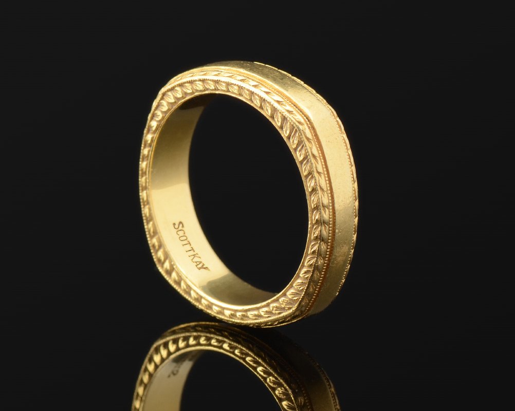 14K GOLD SCOTT KAY SQUARE DESIGN WEDDING RING: 14K SCOTT KAY SQUARE DESIGN MEN'S WEDDING BAND: The unique design sets this yellow gold ring apart. Size 10.5. Total weight 16.0 grams.