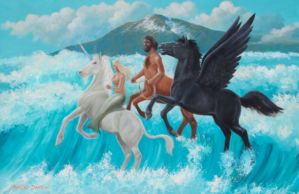 CHARLES DAMROW MYTHOLOGICAL PAINTING UNICORN MERMAID ++: DAMROW, Charles, (American, 1916-1989): Mythological Scene with Unicorn, Mermaid, Centaur and Pegasus, Oil/Board, 24'' x 36'', signed lower left, framed, 29.5'' x 41.5''.