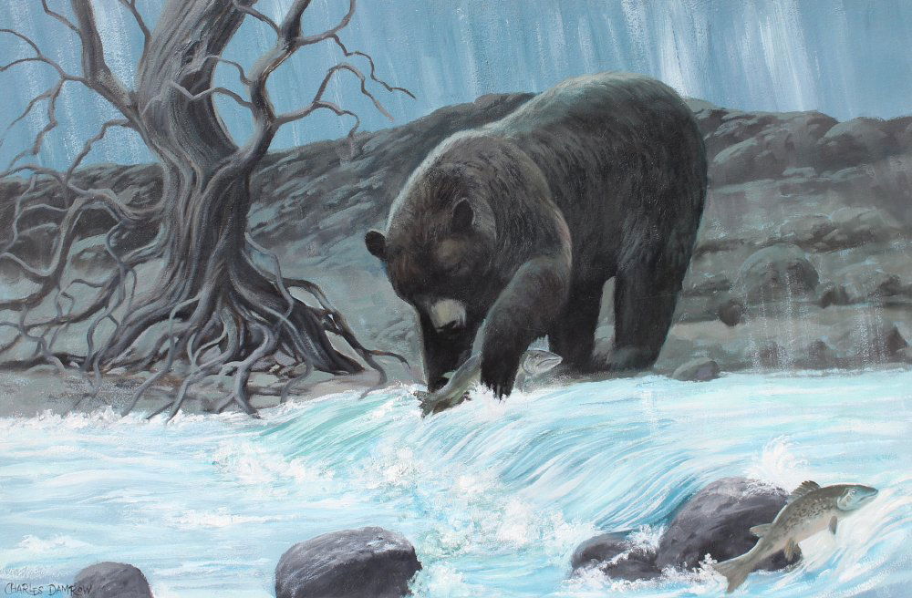 CHARLES DAMROW GRIZZLY BEAR TROUT FISHING PAINTING: DAMROW, Charles, (American, 1916-1989): Grizzly Bear Trout Fishing, Oil/Masonite, 24'' x 36'', signed lower left, framed, 31'' x 43''.