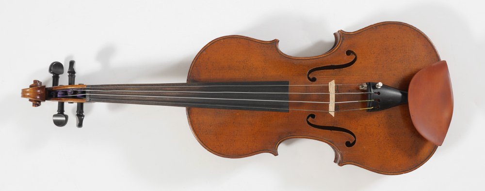 VINTAGE VIOLIN LABELED STRADIVARIUS: VINTAGE VIOLIN LABELED STRADIVARIUS: Late 19th / early 20th century, 2 piece 14'' back, labeled Stradivarius. mother of pearl inlay on tailpiece, overall 23 1/2''. Sold with 2 bows, one marked Mello, 