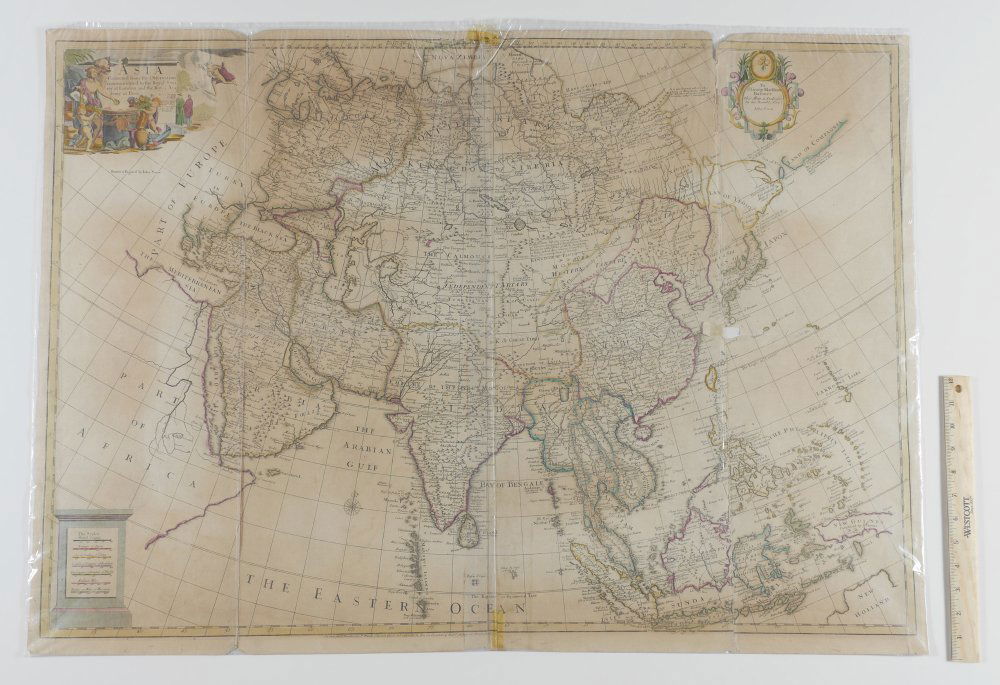 JOHN SENEX MAP OF ASIA: SENEX, John, (English, 1678-1740): Hand tinted map of Asia, titled "Asia, Corrected from the Observations communicated to the Royal Society at London and the Royal Academy at Paris" in cartouche upper