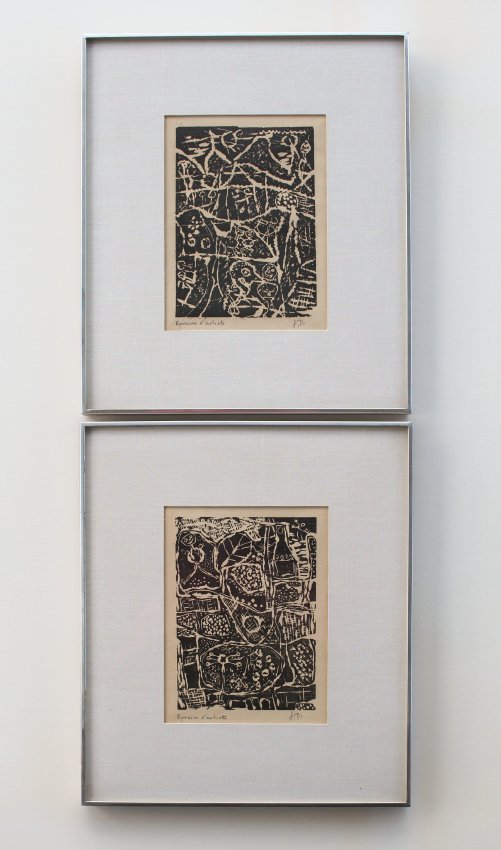 2 JEAN DUBUFFETS ARTISTS PROOF WOODCUTS: DUBUFFET, Jean, (French, 1901-1985): 2 Landscapes and Figures, Artist Proof Wood Cuts, sight size 8" x 5.875", monogrammed JD lower right, marked lower left Epreuvre d'artiste (approved by the artist)