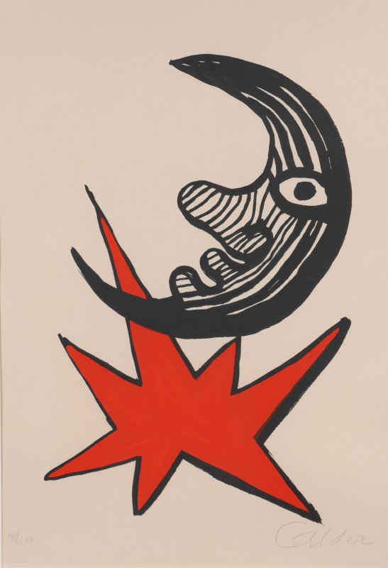 ALEXANDER CALDER LITHOGRAPH "MOON & RED STAR": CALDER, Alexander, (American, 1898-1976): "Moon and Red Star", Lithograph, sight size 25.5" x 17.5", pencil signed lower right, numbered 48/100 lower left, metal frame, 40.5" x 24.5". Blind stamp lowe