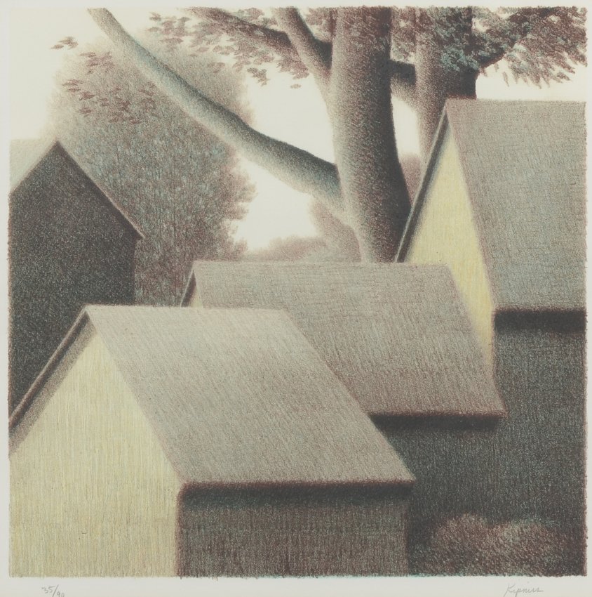KIPNISS COLOR LITHOGRAPH LANDSCAPE WITH ROOFTOPS: KIPNISS, Robert, (American, 1931-): Landscape with Rooftops and Tree Trunks, Color Lithograph, sight size 12.5" x 12.75", pencil signed lower right, numbered 35/90 lower left, wood frame, 20" x 20".