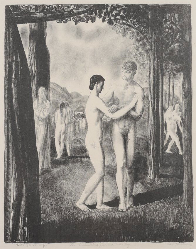 GEORGE BELLOWS LITHOGRAPH "THE LOVERS...": BELLOWS, George, (American, 1882-1925): "The Lovers That Passed by Him" 1923, Lithograph, sight size 16" x 12.5", pencil signed lower right, titled in lower margin with illegible markings in lower lef