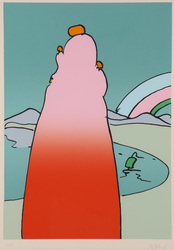 PETER MAX SILKSCREEN IMPRESSIONS OF A LANDSCAPE: MAX, Peter, (German, 1937-): "Impressions of a Landscape", Silk Screen, sight size 29" x 21.5", pencil signed lower right, numbered 75/150 lower left, temporary black frame, 38" x 30.5". Max has lived