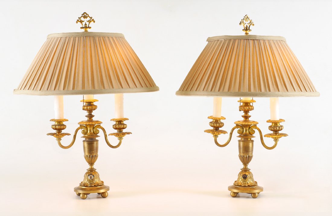 PAIR FRENCH GILT BRONZE BOUILLOTTE LAMPS: PAIR FRENCH GILT BRONZE BOUILLOTTE LAMPS: 4 light electrified heavy gilt bronze, 2 arms and double socket center fixture. No visible markings, overall measures 21" h. x 10". Sold with cloth shades 6 3