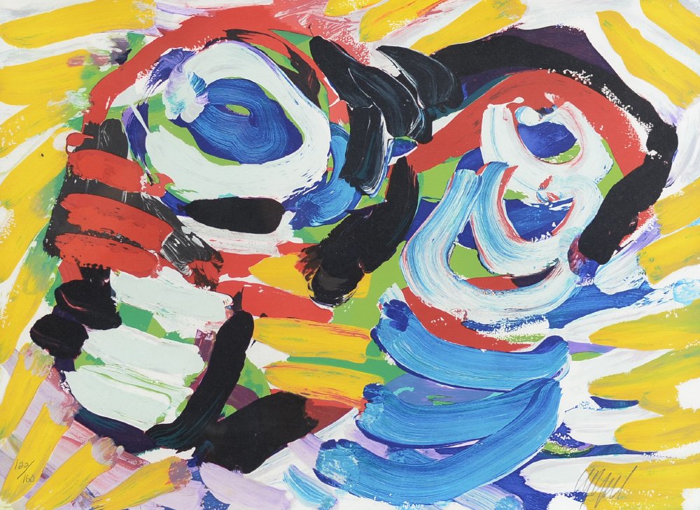 KAREL APPEL LITHOGRAPH: APPEL, Karel, (Dutch, 1921-2006): 2 heads, Lithograph, 21.75" x 29.625", pencil signed lower right, numbered 122/160 lower left, custom frame, 34.5" x 32.5", Park West Galleries label affixed verso.