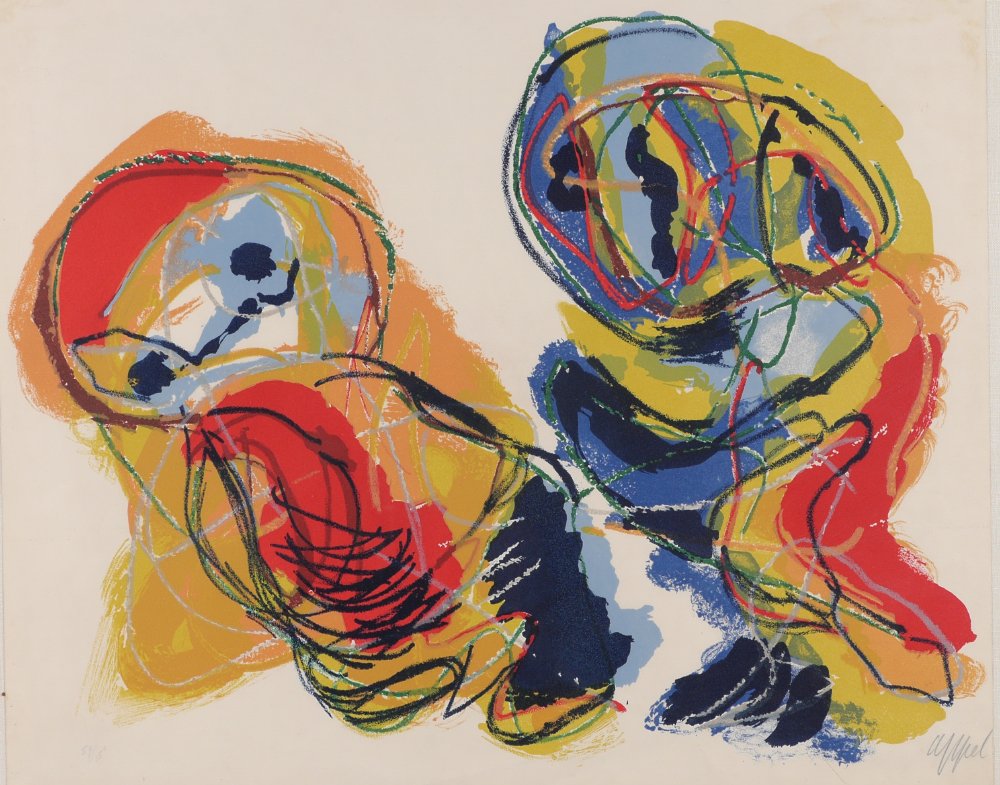KAREL APPEL LITHOGRAPH "LES AMOUREUX": APPEL, Karel, (Dutch, 1921-2006): "Les Amoureaux", Lithograph, 20" x 24", pencil signed lower right, numbered 59/150 lower left, wood frame, 26.75" x 32.75". Appel helped to pioneer an unrestrained ph