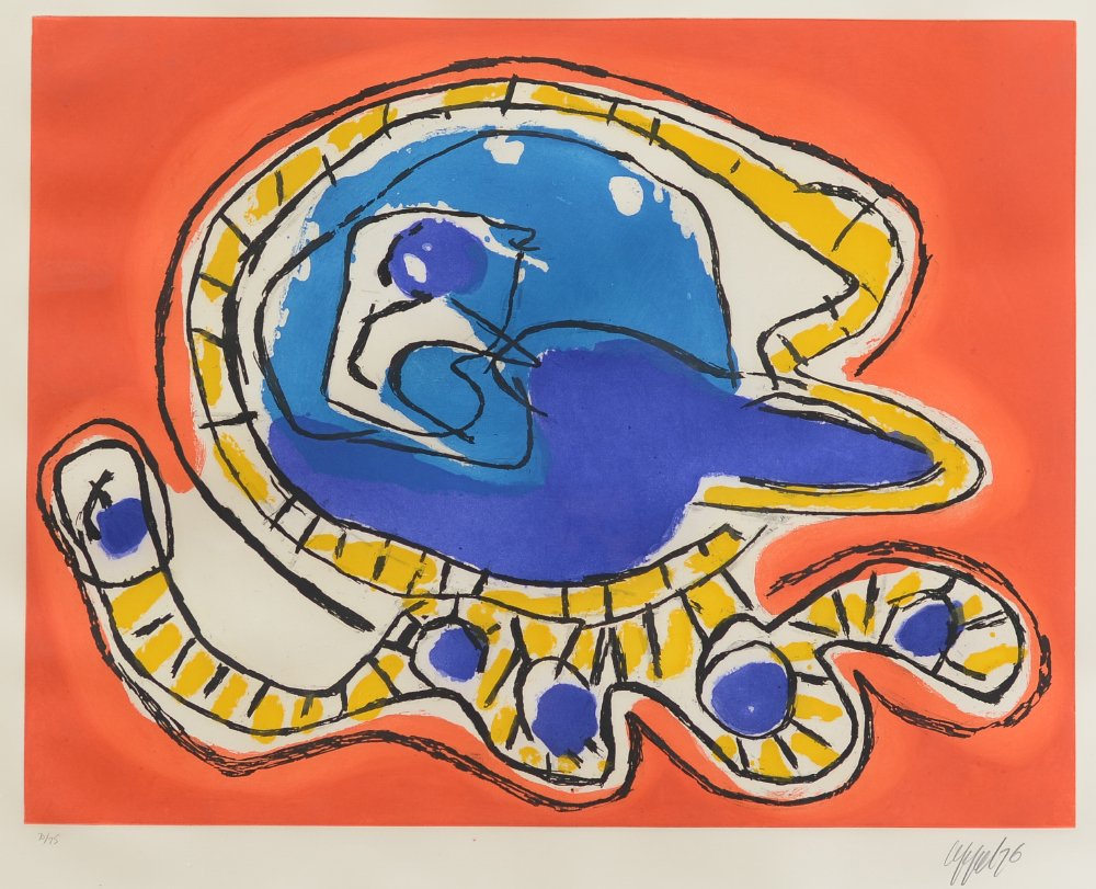 LARGE KAREL APPEL LITHOGRAPH: APPEL, Karel, (Dutch, 1921-2006): Untitled, Lithograph, sight size 32" x 40", pencil signed lower right dated '76, numbered 70/75 lower left, vintage metal frame, 40" x 48.5".