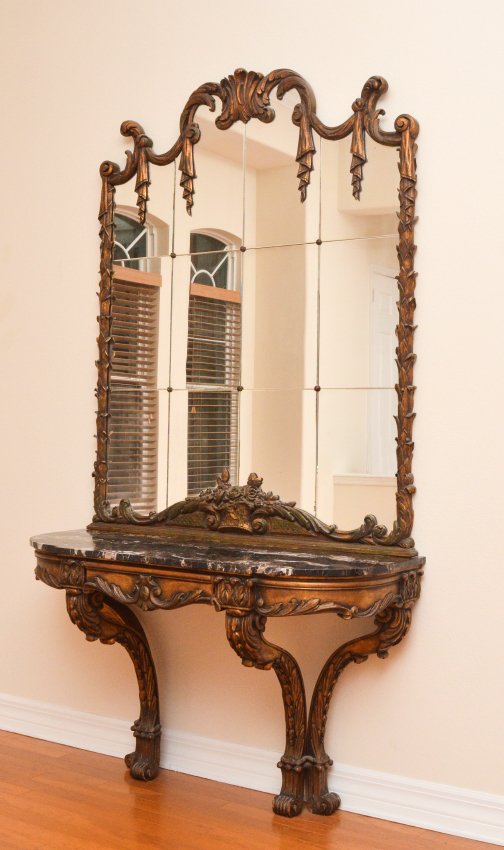 EARLY 20TH C ITALIAN MARBLE CONSOLE w/ MIRROR: ITALIAN MARBLE TOP FOYER CONSOLE TABLE WITH MIRROR: Early 20th C Foyer Console with stepped front, Portero grained marble top over acanthus leaf carved single drawer frame on twin cabriole legs adorne
