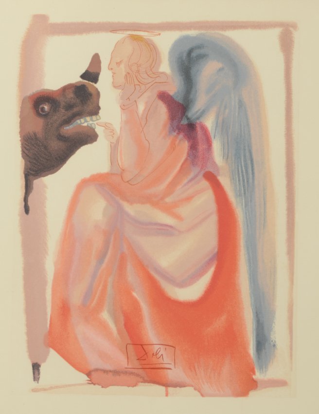 SALVADOR DALI WOOD ENGRAVING FROM THE DIVINE COMEDY: DALI, Salvador, (Spanish, 1904-1989): From the Divine Comedy Suite, Wood Engraving, sight size 11.75" x 9.75", signed in the plate, Park West label affixed verso, framed, 20" x 18".