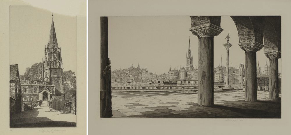 2 ARMS ETCHINGS WILBY CHURCH/STOCKHOLM: ARMS JR, John Taylor, (American, 1887-1953): 2 Etchings, 1) "Wilby Church", 6.25" x 4.5", pencil signed lower margin, matted; 2) "Stockholm", Etching and Aquatint, 10.5" x 17.15" with margins, pencil