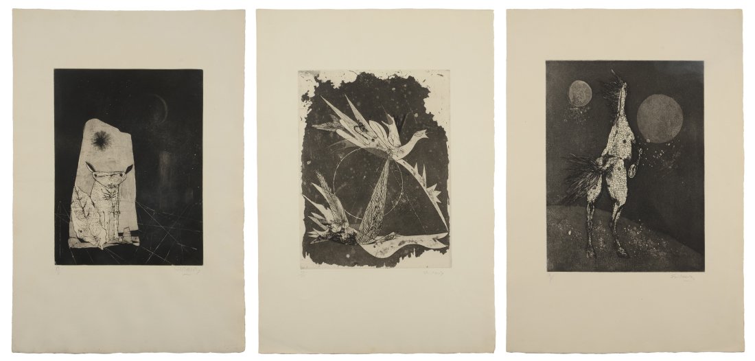 3 UNFRAMED FRIEDLAENDER ETCHINGS: FRIEDLAENDER, Johnny, (German, 1912-1992): 3 Etchings; 1) Surreal Horse, 20" x 14.5" with margins, signed lower right, numbered lower left 54/75, unframed; 2) Birds in Flight, 20" x 14.5" with margins