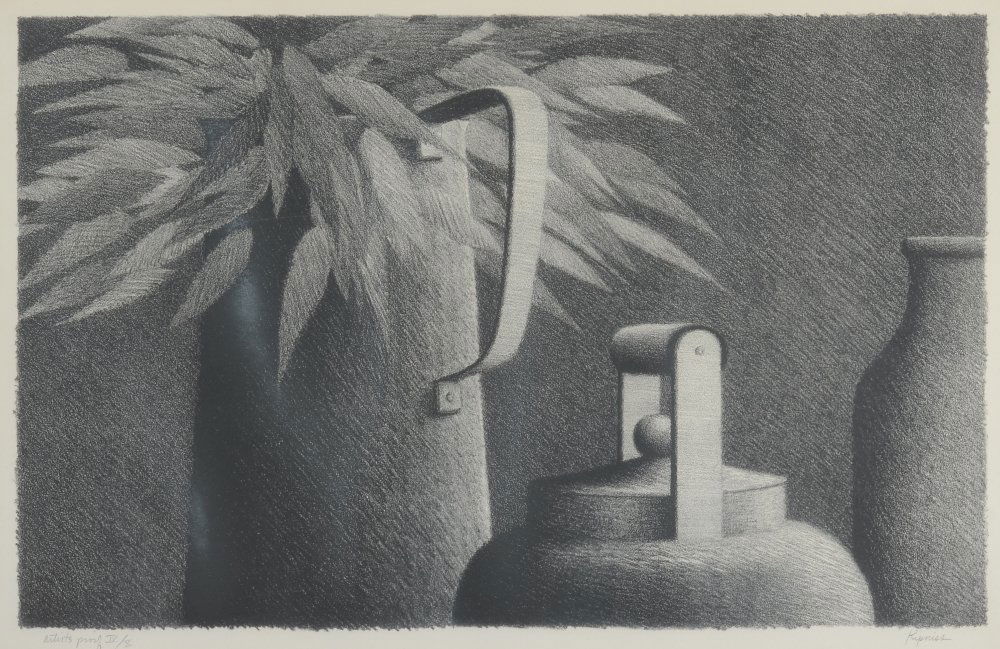 ROBERT KIPNISS ARTIST PROOF STILL LIFE LITHOGRAPH: KIPNISS, Robert, (American, 1931-): Still Life with Vessels, Lithograph, sight size 10.75" x 16.75", pencil signed lower right, marked artist's proof, IV/X lower left, framed, 15" x 21.25".